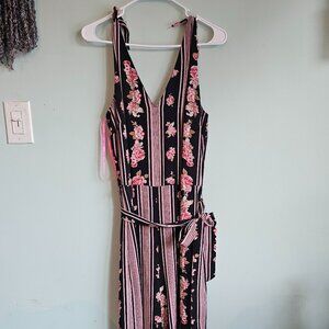 Betsey Johnson Black and Pink Shoulder Tie Wide Leg Floral Jumpsuit Size 8